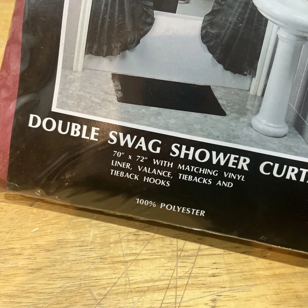 Vtg Maroon Red Double Swag Shower Curtain Set‎ NOS 80s 90s Cottagecore Tieback